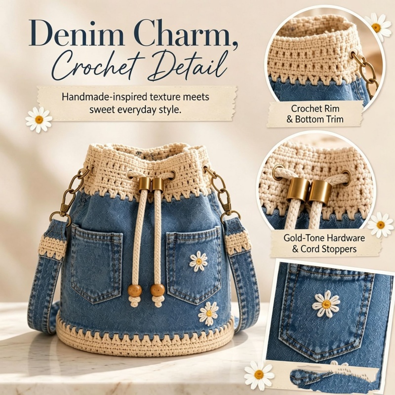 Crochet Market Bag - Bolsa Bucket de Crochê em Denim,
